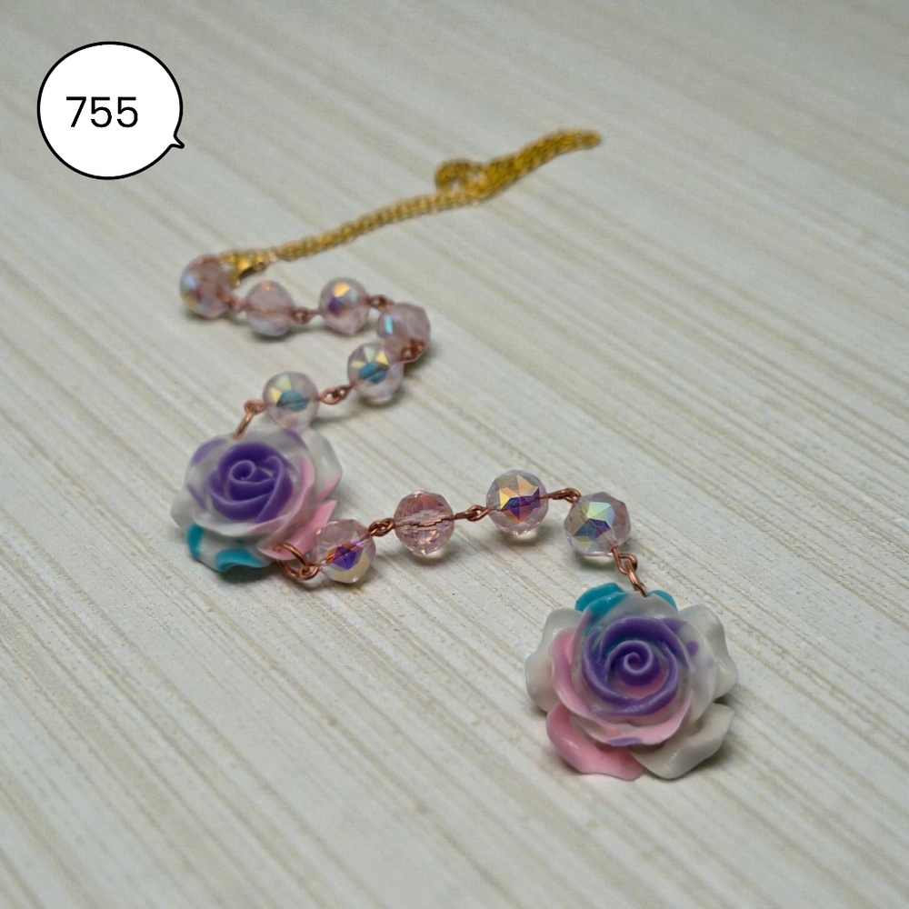 Pastel Rose Car Charm with Iridescent Pink Beads | Floral Rearview Mirror Charm